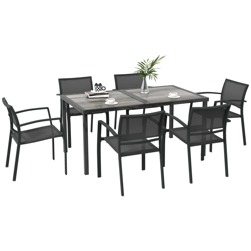 Outsunny Ensemble salle à manger de jardin 7 pièces avec 1 table et 6 chaises empilables en métal époxy textilène gris foncé