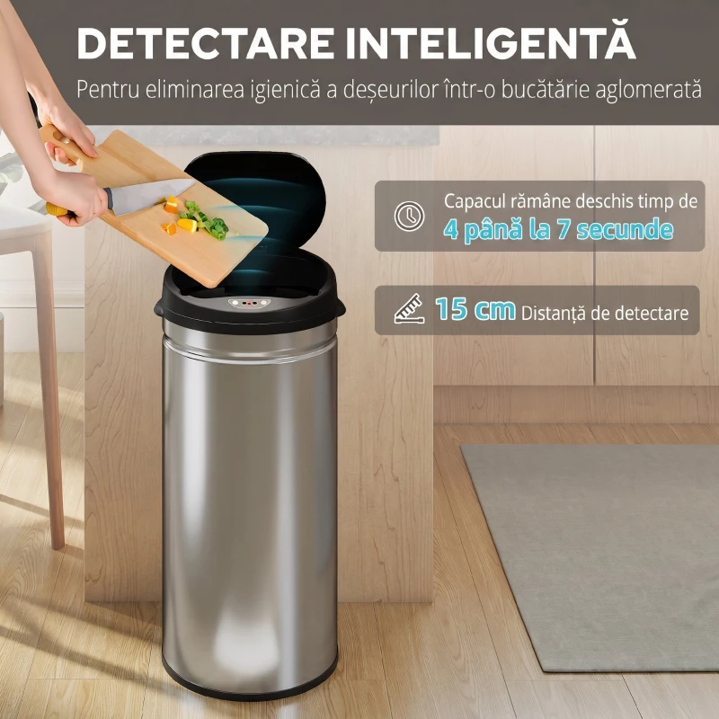 HOMCOM Coș de Gunoi de 42L cu Senzor de Mișcare și Deschidere Automată, 30.5x30.5x68 cm, Negru și Argintiu