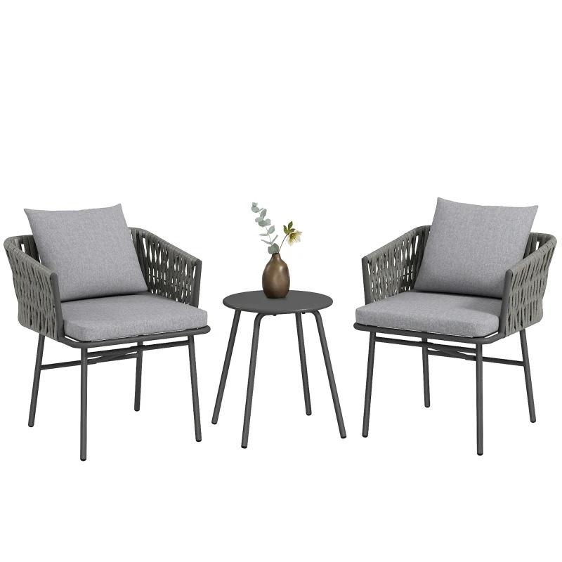 Outsunny 3-teiliges Außenmöbel-Set, 2 Stühle, 1 Tisch, Bistro-Set, Kunst-Rattan, Stahlrahmen, Metalltisch, 4 Kissen, Grau