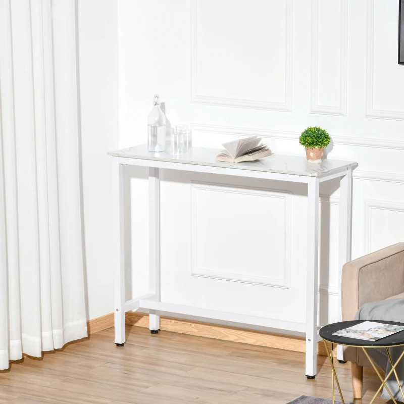 HOMCOM Table de bar table haute de cuisine mange-debout 120 x 40 x 100 cm châssis piètement acier, plateau aspect marbre blanc