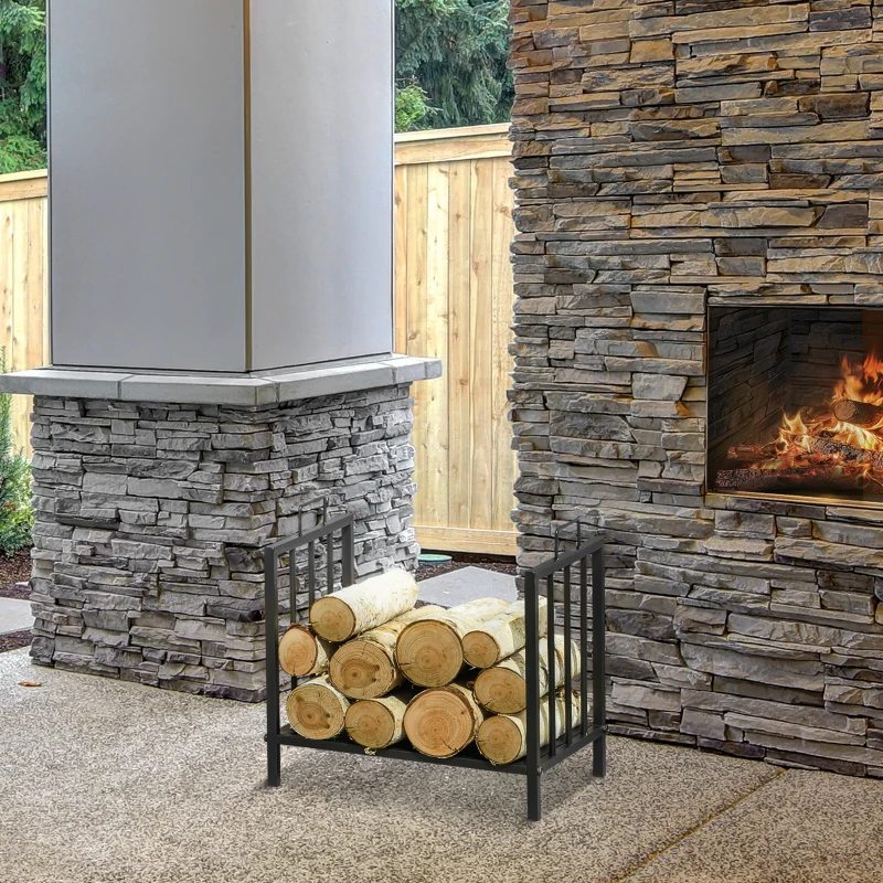 Outsunny Portalegna per Camino 25kg max per Interno ed Esterno con 2 Maniglie, in Metallo, 44.5x33x46.5 cm, Nero