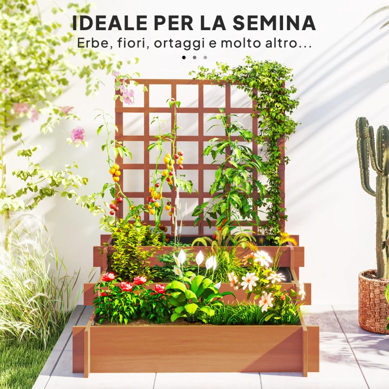 Outsunny Fioriera con Grigliato a 3 Livelli in Legno di Abete e Tessuto non Tessuto, 95x95x110 cm, Marrone