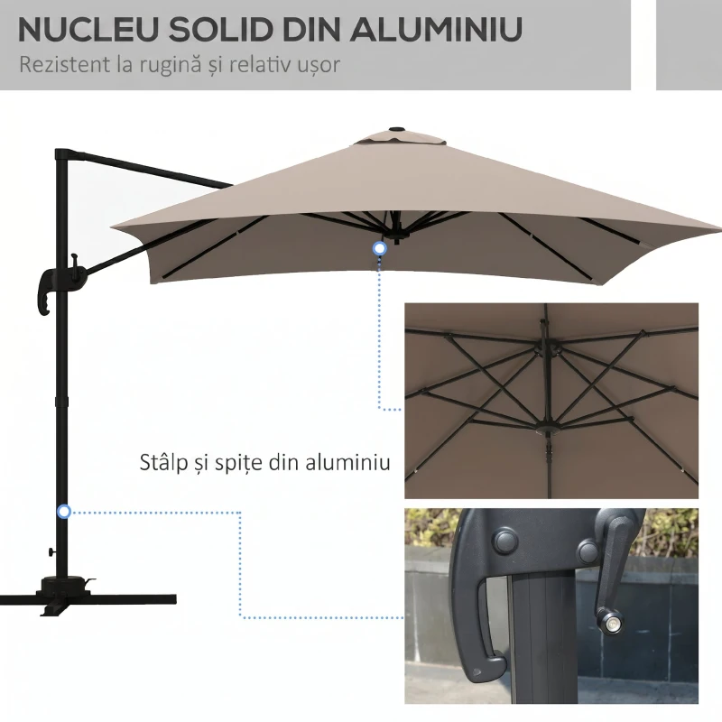 Outsunny Umbrelă de soare 3x3 m suspendată cu 8 spițe, pedală și manivelă, din aluminiu și poliester, culoare kaki