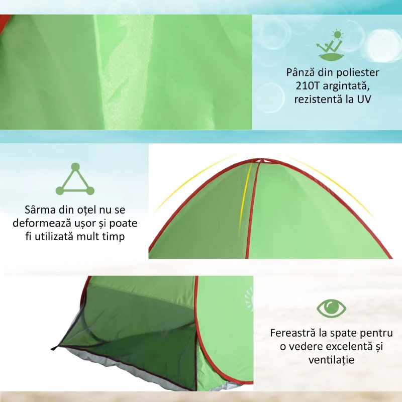 Cort de Plajă Outsunny Pop Up cu Protecție UV 30+ și Geantă de Transport, 200x150x119 cm, Verde