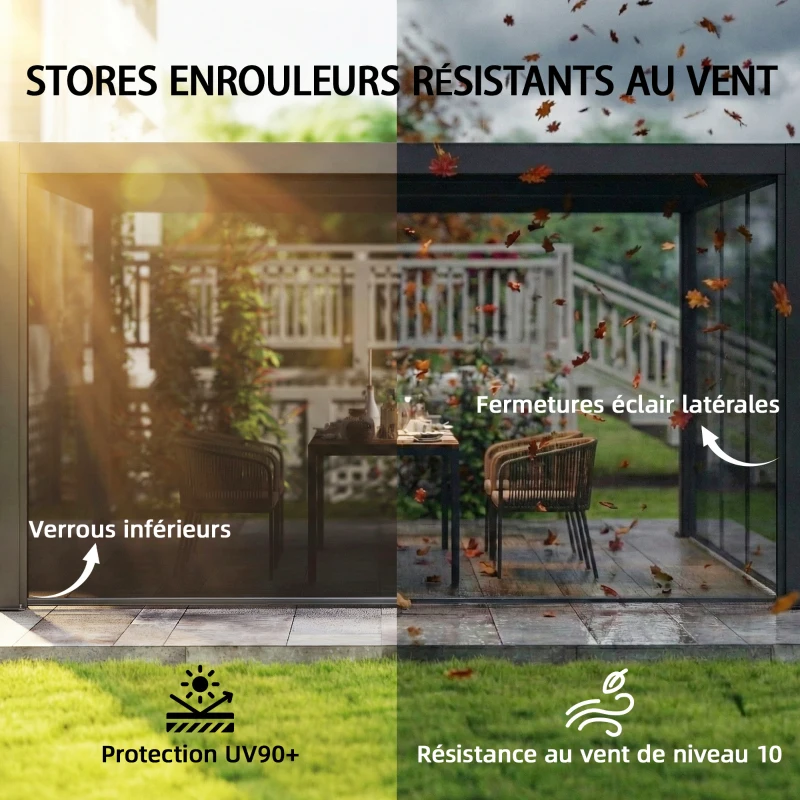 Outsunny Pergola bioclimatique 4x3m, pergola aluminium avec lames orientables, manivelle, stores latéraux coupe-vent, gris foncé