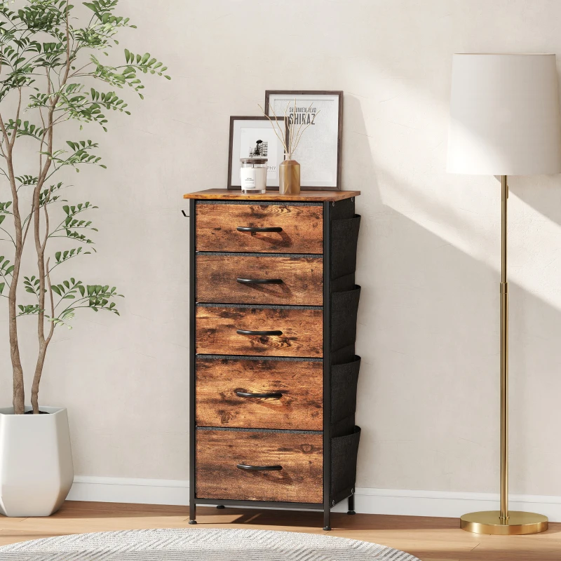 HOMCOM Chest of Five Fabric Drawers - Rustic Brown