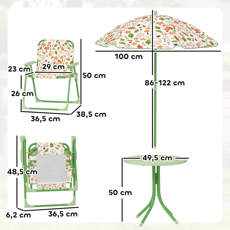 AIYAPLAY Ensemble salon de jardin extérieur enfant 4 pièces, motif éléphant et girafe, parasol réglable Ø 100 cm, chaise pliable