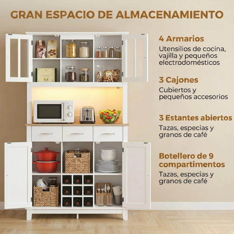 HOMCOM Alacena de Cocina con Iluminación LED Control por APP Encimera para Microondas Botellero Puertas de Vidrio Blanco