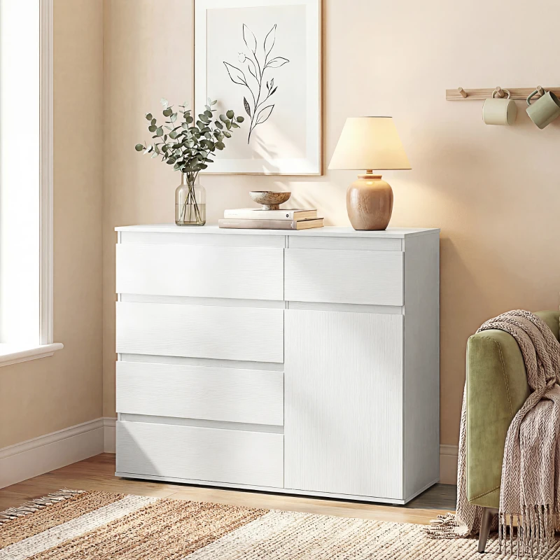 HOMCOM Modern Chest Of Drawers, 5 Drawer Dresser with Adjustable Shelf, Soft-Close Door, White