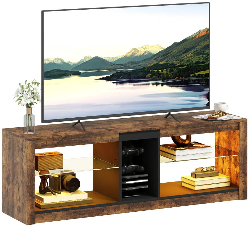 HOMCOM Meuble TV avec lumières LED et télécommande, étagères et compartiments ouvert, 140x35x47cm, marron
