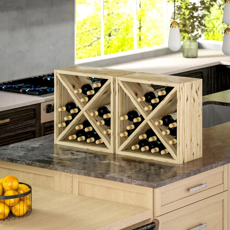 HOMCOM Set of 2 Wooden Wine Rack, X-Shaped Square Tabletop Storage Holder for 24 Bottle, Natural Wood