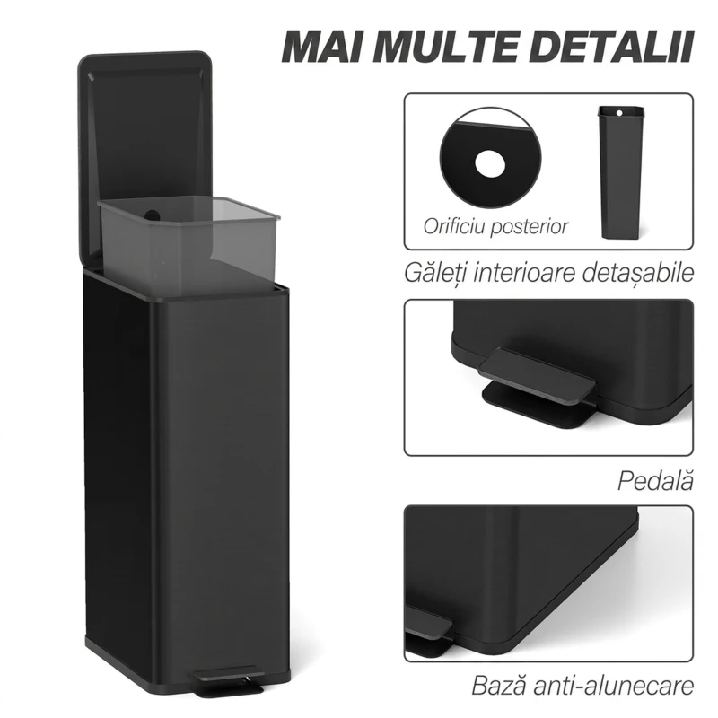 HOMCOM Coș de gunoi 20L cu închidere lentă și recipient detașabil, din oțel și PP, 21,5x37,2x57 cm, negru