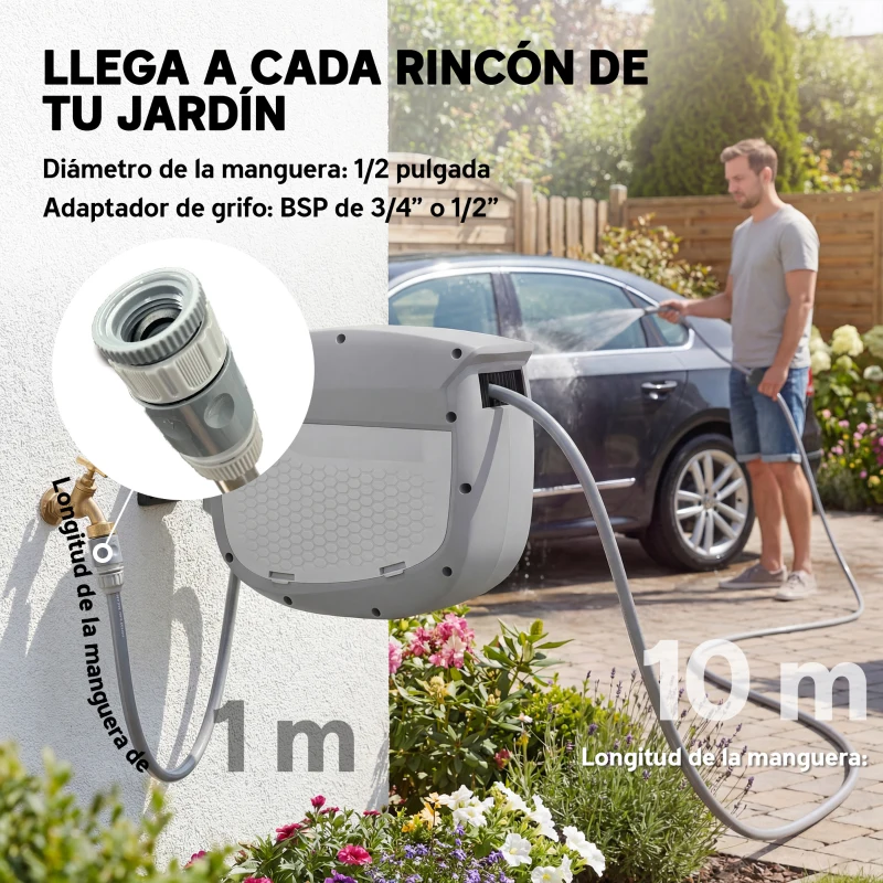 Outsunny Carrete de Manguera Retráctil 10+1 m con Boquilla de 2 Modos Bloqueo Automático y Retracción Controlada Soporte Gris
