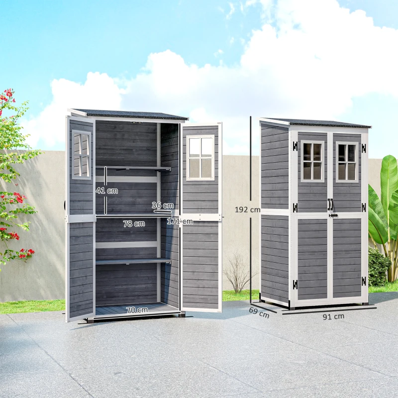 Outsunny Abrigo de armazenamento para jardim, abrigo de ferramentas com 2 janelas, estacas para base, telhado em betume, 91 x 69 x 192 cm, madeira de pinho, Cinzento claro