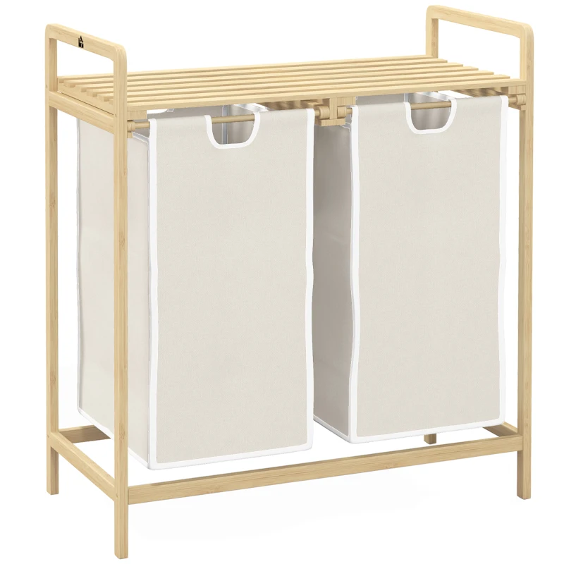 HOMCOM Panier à linge en bambou 2 paniers amovibles et coulissants en non-tissé 63,5 x 33 x 73 cm crème