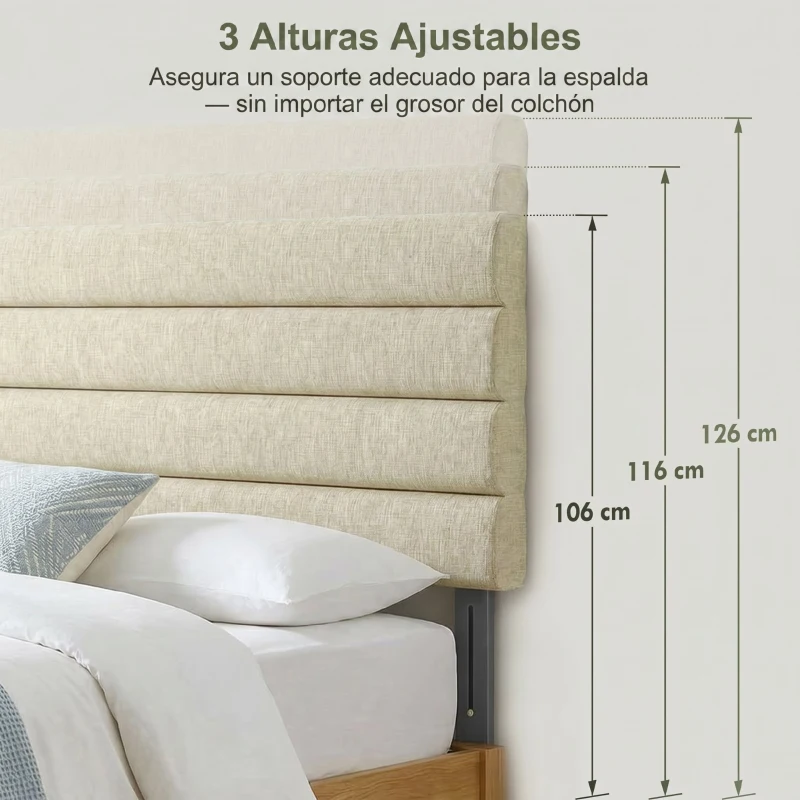 HOMCOM Cabecero de Cama 140 cm Tapizado en Lino Altura Ajustable de 3 Niveles 106/116/126 cm Montado a la Pared Beige