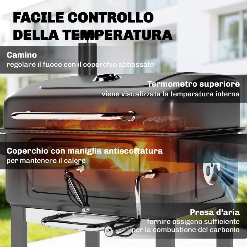 Outsunny Barbecue a Carbone, Griglia Smoker con Ruote per Uso Esterno, Nero
