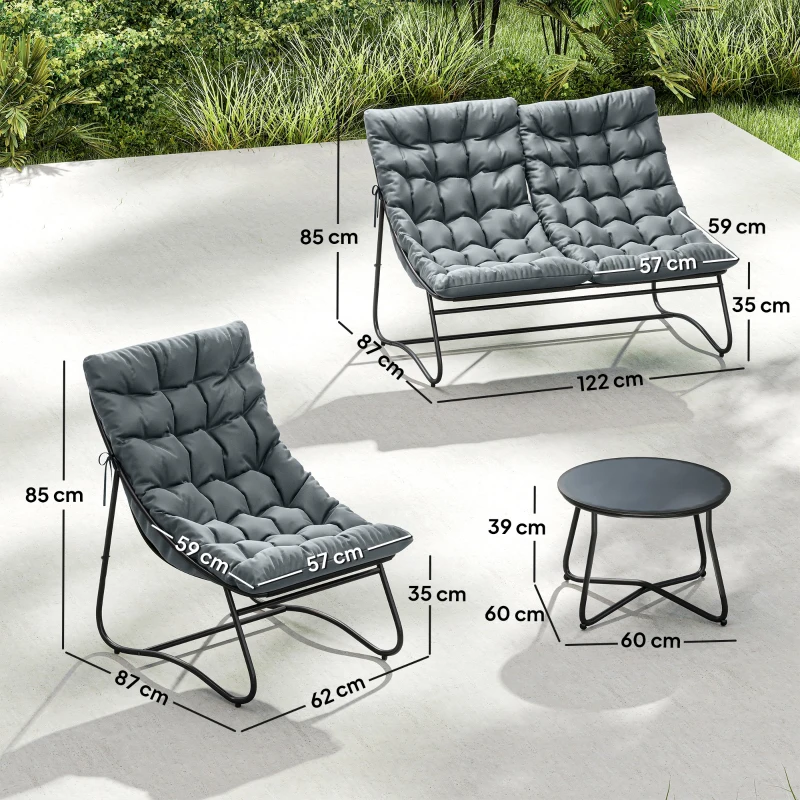 Outsunny 4-Sitzer Gartenmöbel-Set, 2 Stühle, 1 Doppel-Sofa, 1 Tisch, dicke Kissen, Stahlrahmen, für Terrasse, Grau