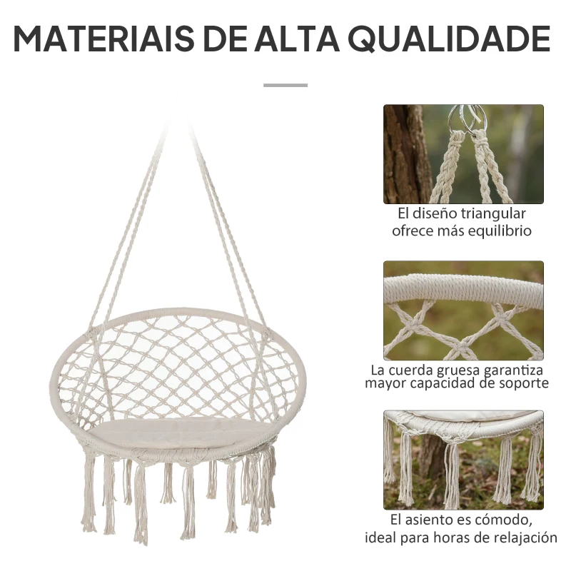 Outsunny Silla Colgante Redondo de Ø60 cm Silla Hamaca Columpio con Cojín y Cuerda de Algodón para Interior y Exterior Carga 120 kg 80x80x42 cm Beige