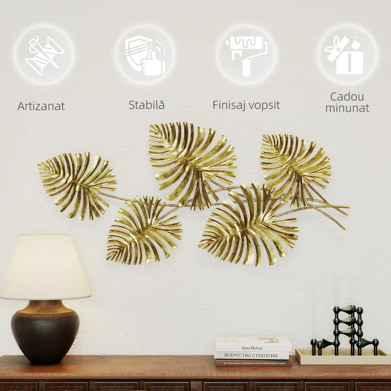 HOMCOM Operă de Artă Murală cu 5 Frunze de Monstera din Metal Auriu cu Accesorii de Montaj Incluse, 83x2.5x39 cm