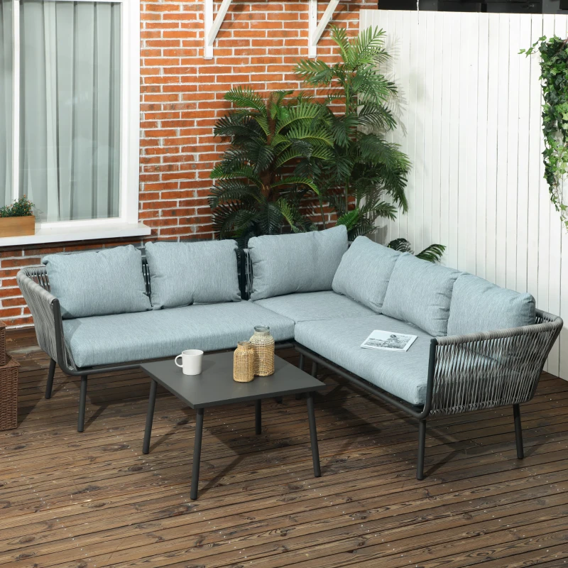 Outsunny Set da Giardino 4 Pezzi in Rattan con Tavolino da Caffè, 2 Divani ad Angolo e Poltroncina, Nero Grigio e Blu