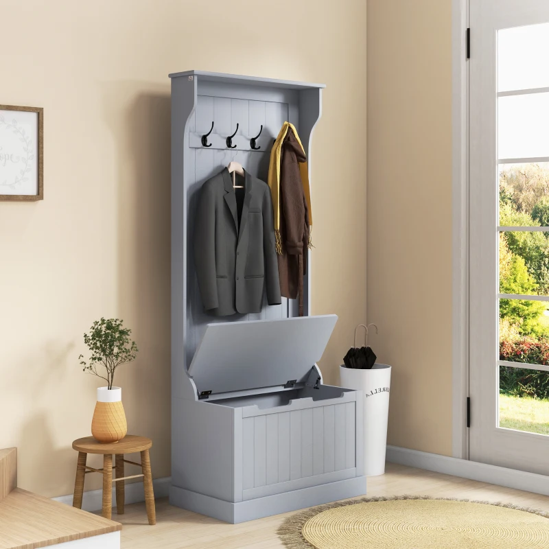 HOMCOM Mobile Appendiabiti 3 in 1 con 4 Ganci e Panca Contenitore, in Legno, 71.5x39.5x170 cm, Grigio