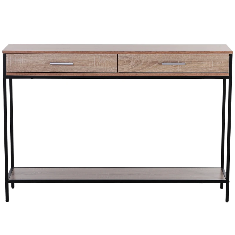 HOMCOM Console Table Worktop Bottom Shelf Home Two Drawer Industrial Minimal Style Oak Wood Tone Effect