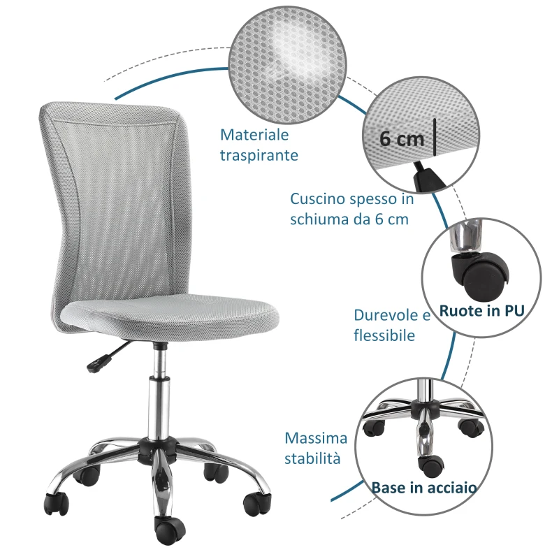 Vinsetto Sedia da Ufficio Ergonomica Senza Braccioli in Tessuto a Rete, Altezza Regolabile e 5 Ruote, Grigio