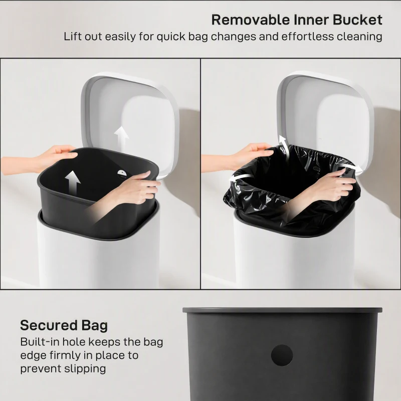 HOMCOM 30L Kitchen Bin, Compact Pedal Bin with Soft-Close and Stay-Open Lid, Removable Bucket for Kitchen, Home, Office, White