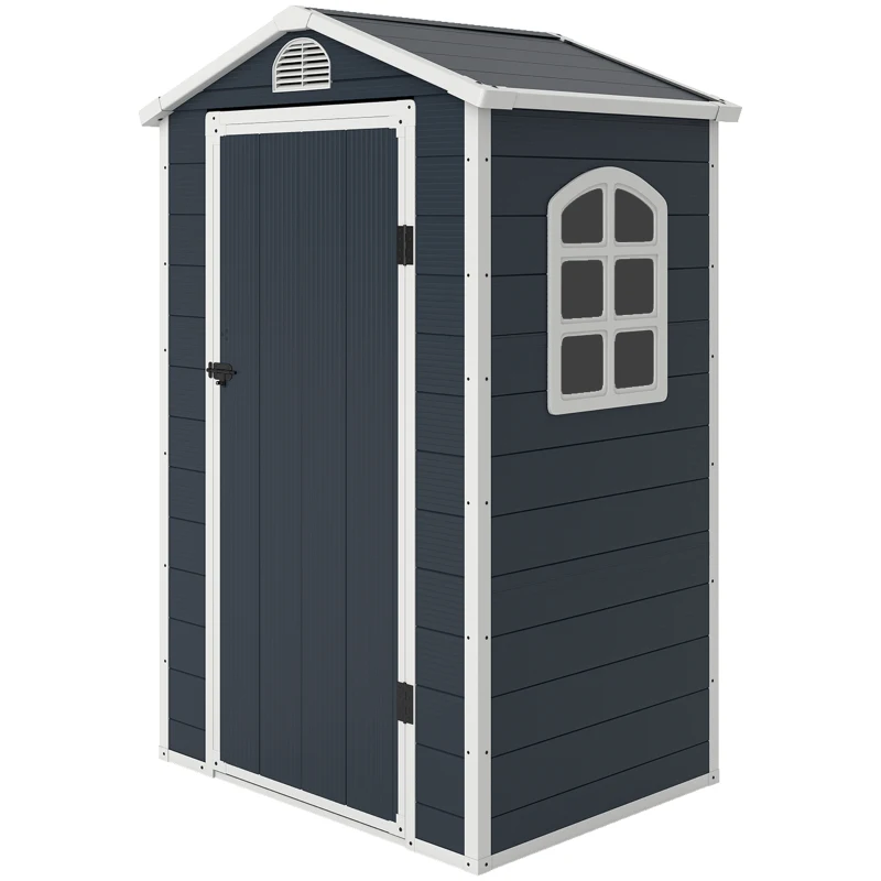 Outsunny Gerätehaus 1,1m², Geräteschuppen mit Satteldach, 134 x 104 x 204 cm, Kunststoff Gartenchuppen mit Abschließbar Tür Belüftungsöffnung Fenster, Gartenhaus für Garten Dunkelgrau