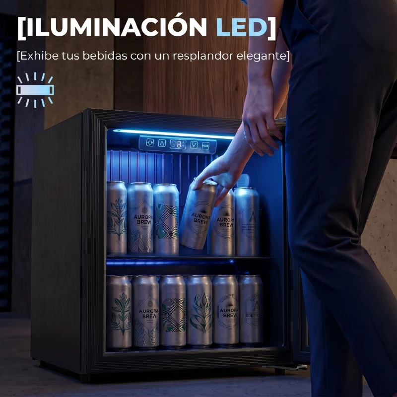 HOMCOM Frigorífico de Bebidas 50 L con Puerta de Vidrio Doble Iluminación LED Estante Ajustable para 48 Latas