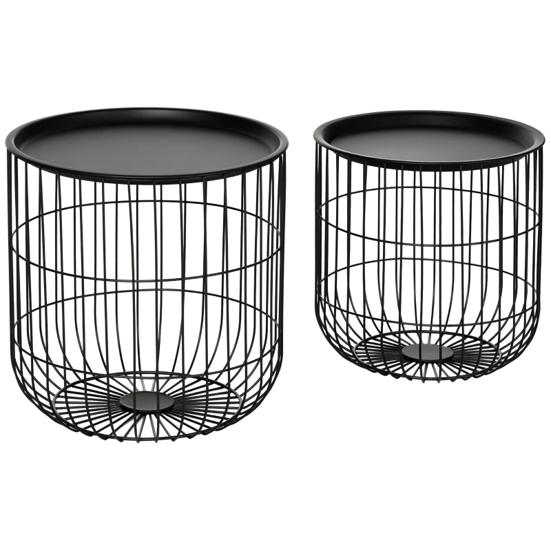 HOMCOM Set 2 măsuțe de living rotunde suprapozabile din oțel cu spațiu de depozitare, negru