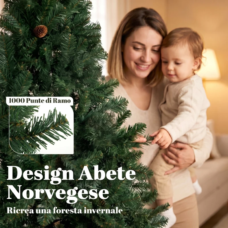 HOMCOM Albero di Natale 200 cm Artificiale con 1000 Rami Ignifughi, Base in Metallo Pieghevole, Verde