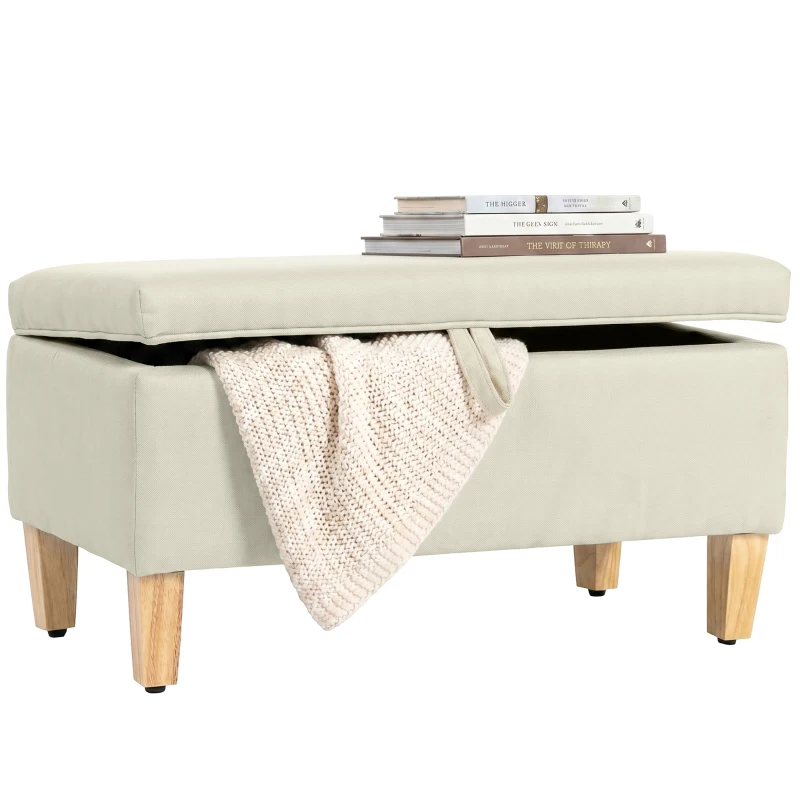 HOMCOM Banc de rangement, bout de lit, repose-pieds rembourré en lin avec pieds en bois de caoutchouc, 71x37x36cm, beige