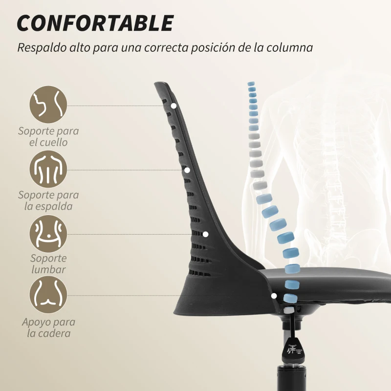 HOMCOM Silla de Escritorio sin Brazos Silla de Oficina Giratoria con Respaldo Hueco Altura Ajustable Negro