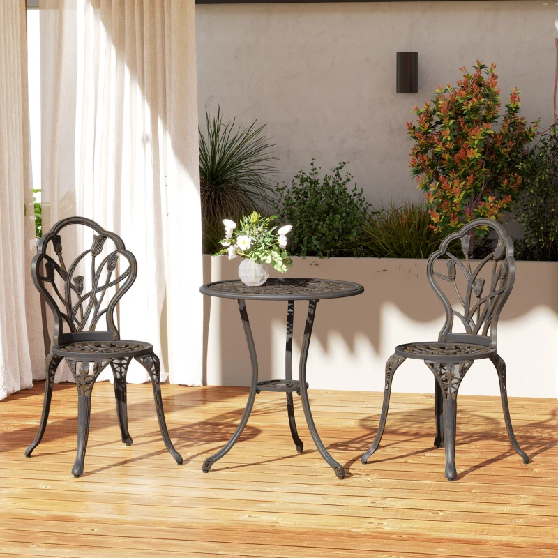 Outsunny Set da Esterno 3 Pezzi con 2 Sedie da Giardino e Tavolo Rotondo con Foro per Ombrellone, Bronzo