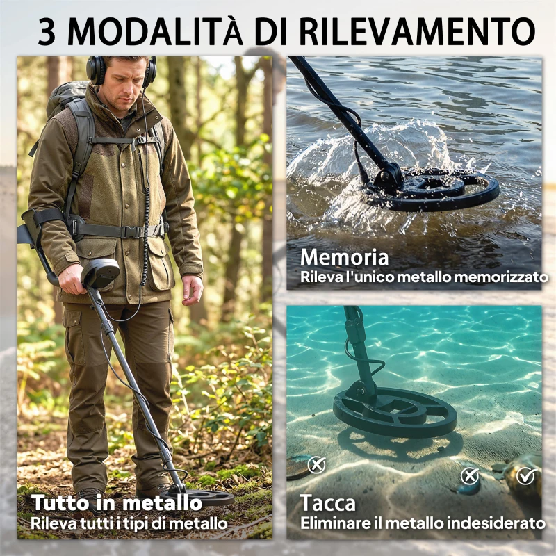 Outsunny Metal Detector 3 Modalità Adulti, Bobina Impermeabile IP68, Display LCD