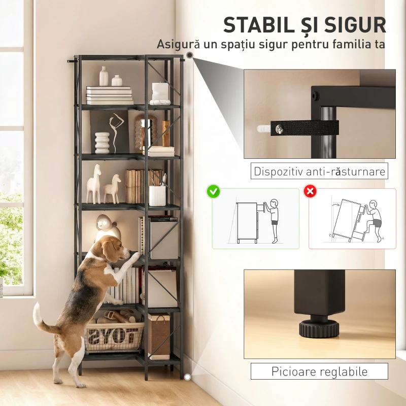 HOMCOM Bibliotecă Colțar cu 7 Rafturi, Stil Industrial, Efect Lemn Negru