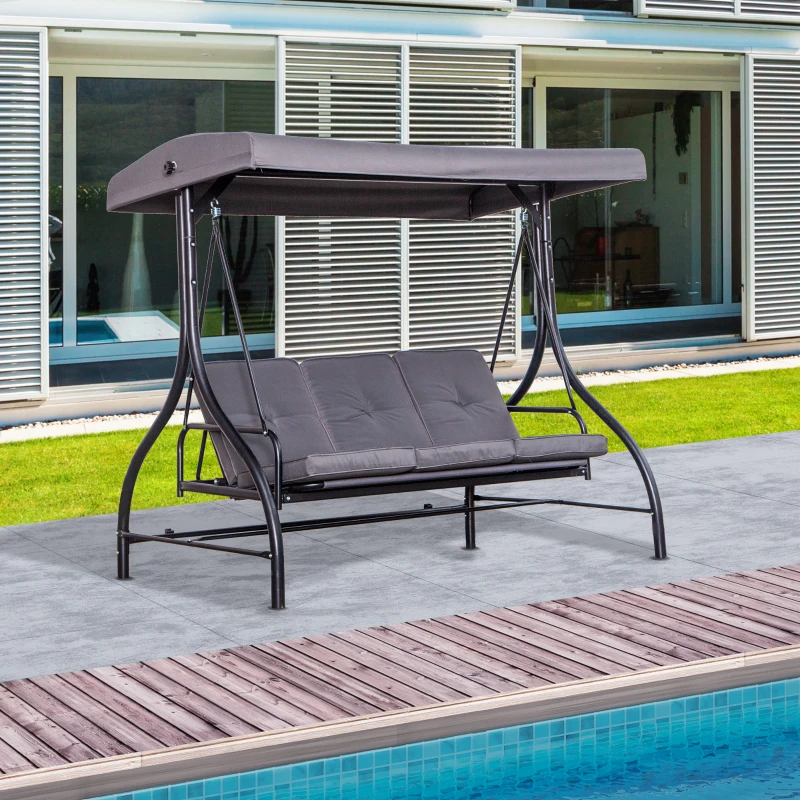Outsunny Balancelle de Jardin 3 Places Convertible Inclinaison Toit réglable Matelas Grand Confort Rembourrage 8 cm fourni Gris métal époxy Noir