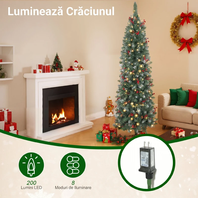 HOMCOM Brad de Crăciun Iluminat cu 200 de Lumini LED, 42 Conuri și 42 Ciorchini de Fructe de Pădure, Ø65x180 cm, Verde și Argintiu