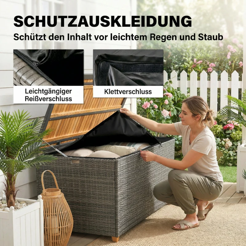 Outsunny Gartenbox 450 L Polyrattan wasserdicht Auflagenbox mit FSC-Holz-Deckel Gasdruckfedern Innenfutter