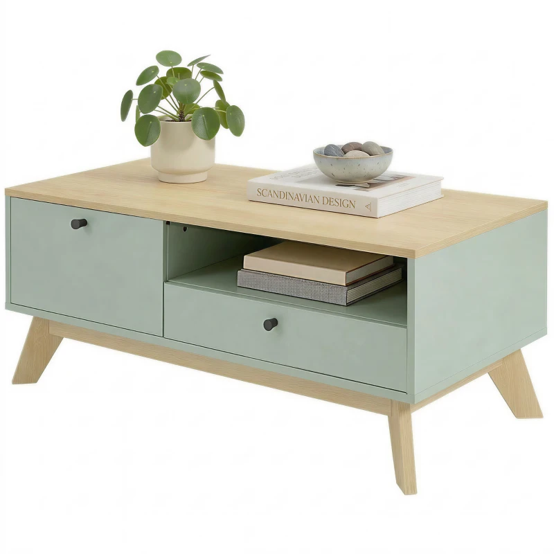 HOMCOM Table basse de salon, table d'appoint rectangulaire avec tiroir, porte et compartiment ouvert, vert clair et chêne
