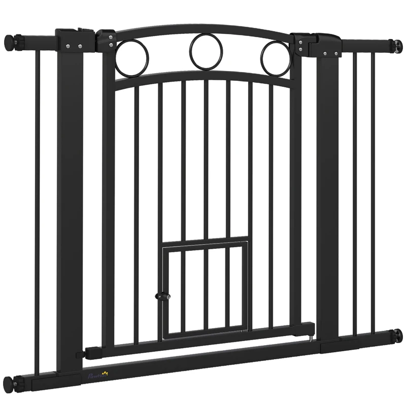 PawHut Barreira de Segurança 77 cm Grelha para Escadas Largura Ajustável 76-104 cm com Portinha para Gatos para Escadas e Vãos de Porta Preto