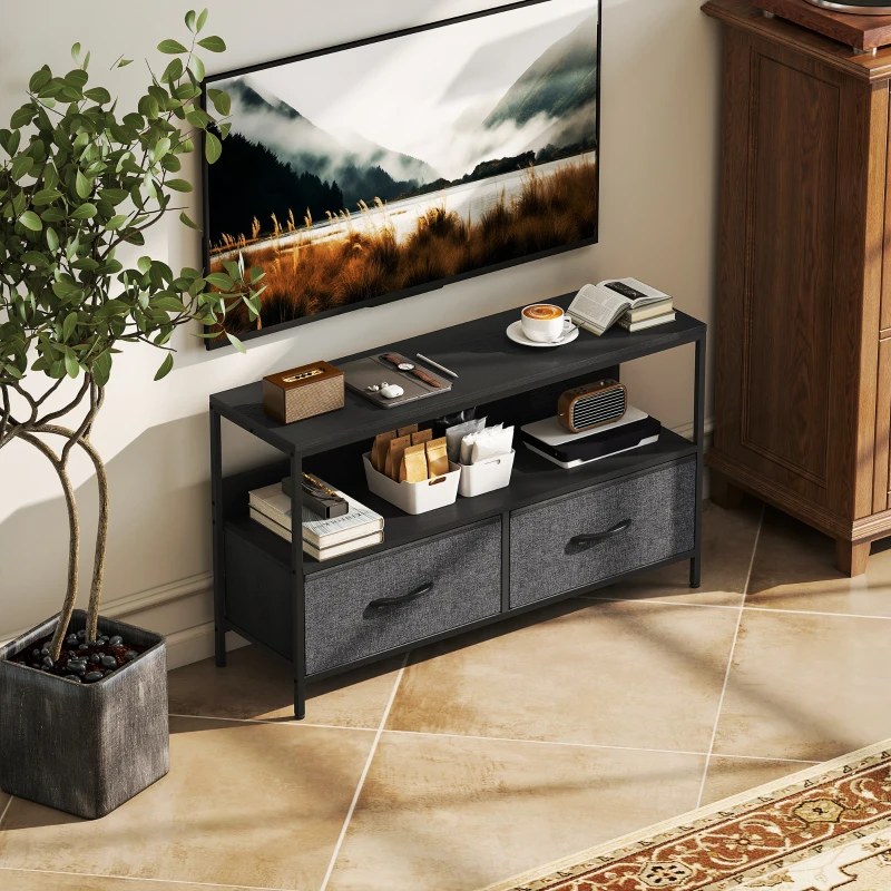 HOMCOM Meuble TV, meuble télé pour téléviseur jusqu'à 47 pouces avec 2 tiroirs et pieds en acier, 98 x 29 x 56 cm, gris foncé