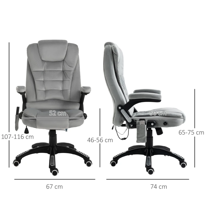 Vinsetto Cadeira de Escritório com Função de Massagem Cadeira Executiva Ergonômica com Aquecimento Função Reclinável Função de Balanço Altura Ajustável Giratória 360° Cadeira para Computador com Bolso Lateral Visual de Veludo Cinza