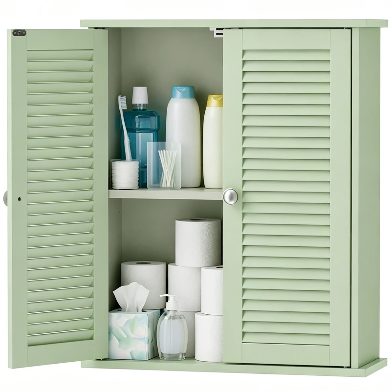 HOMCOM Bathroom Cabinet, Bathroom Wall Cabinet with Louvered Doors and Adjustable Shelf Storage for Kitchen, Light Green