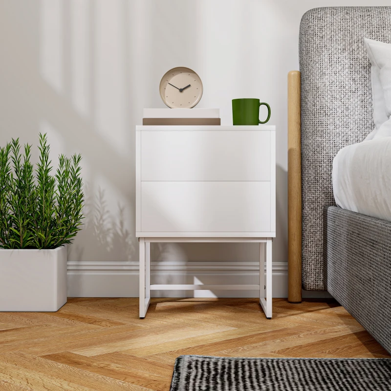 HOMCOM Comodino Moderno a 2 Cassetti con Apertura a Pressione, MDF e Acciaio, 40x30x50 cm, Bianco