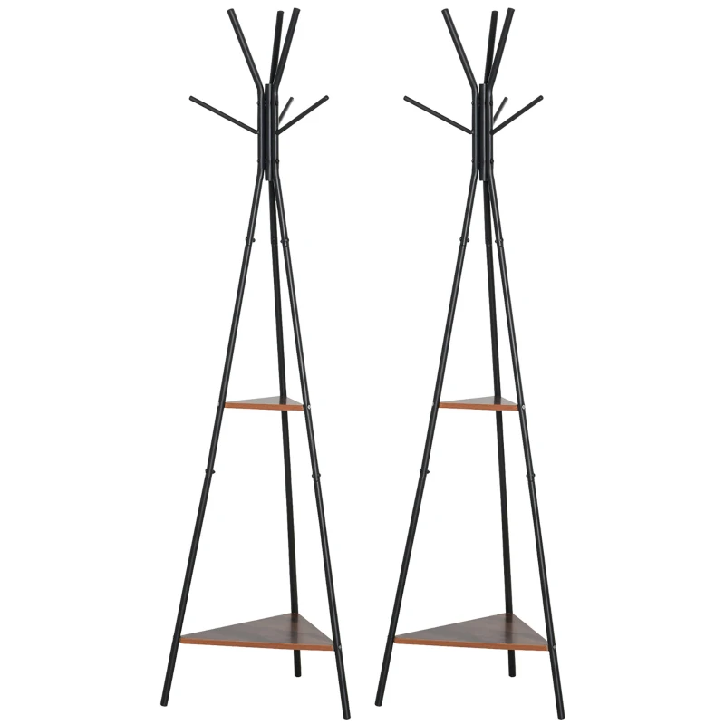 HOMCOM Lot de 2 porte-manteaux trépied meuble d'entrée style industriel branches 2 étagères + 6 patères métal noir