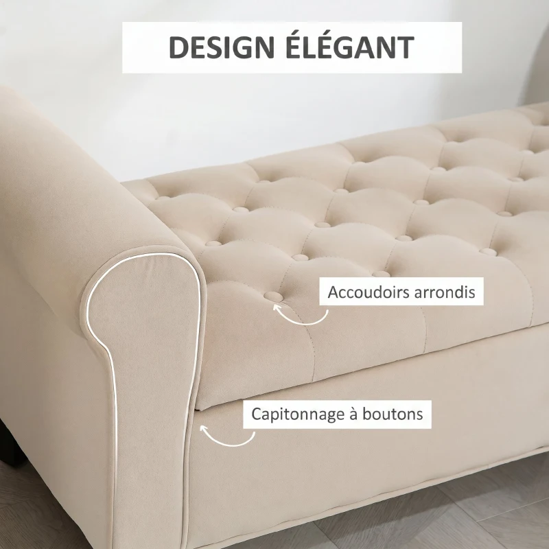 HOMCOM Banc de rangement bout de lit avec accoudoirs, tissu effet velours rembourré et capitonné, 126 x 48,5 x 57 cm, beige