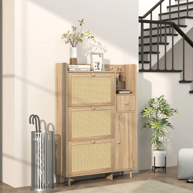 HOMCOM Zapatero con 3 Cajones Abatibles con Frentes de Ratán Cajón y Armario para Decoraciones y Llaves 80x23x120 cm Roble